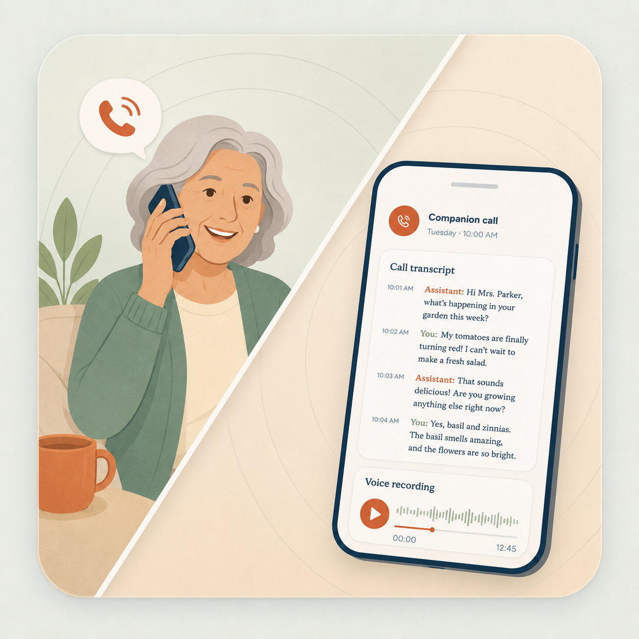 Older adult enjoying a Silverback companion call, shown alongside the call transcript and recording